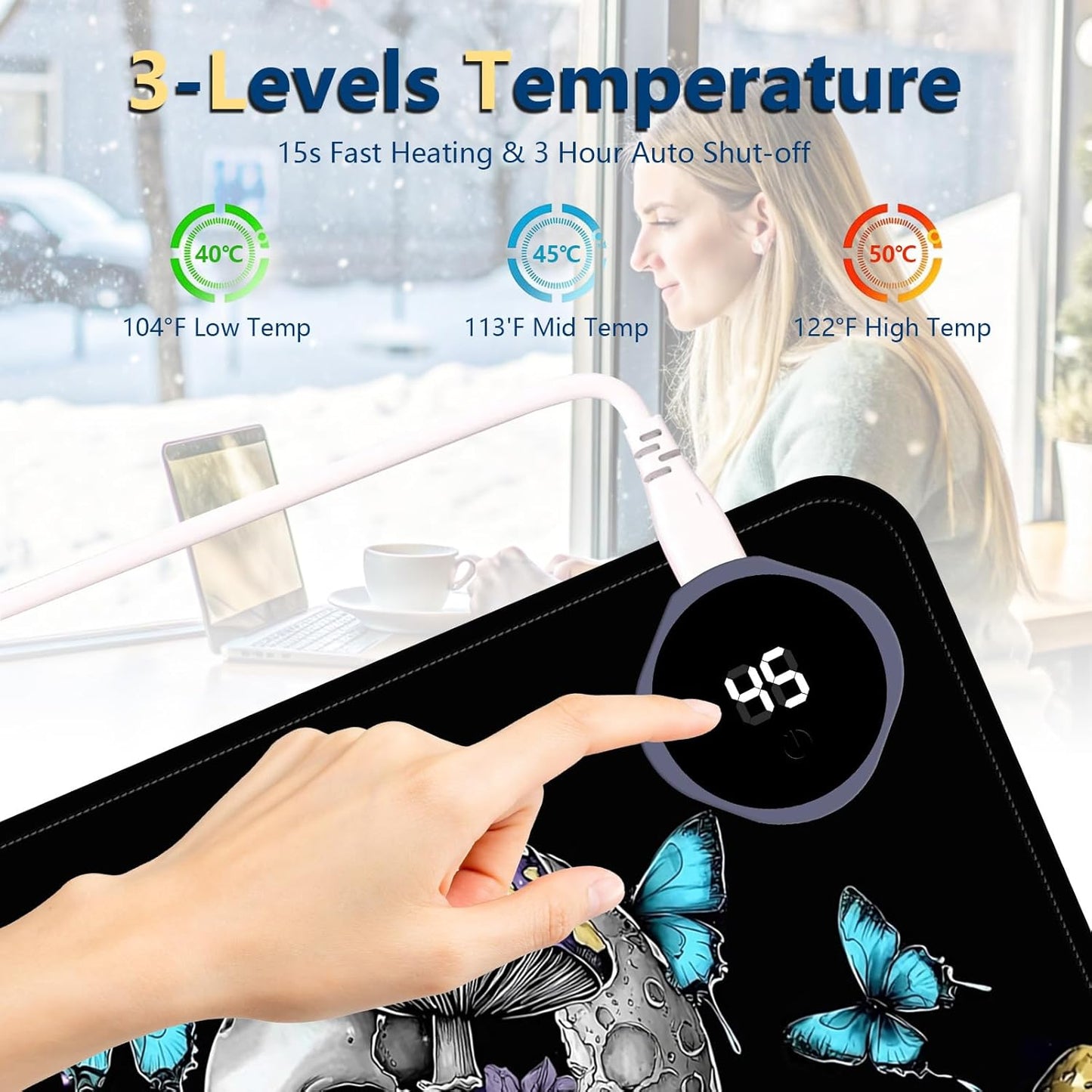 Heated Mouse Pad with 3 Temperature Settings(104°F–122°F),Large 31.5x13 Inch PU Leather Heated Desk Mat,Waterproof Warming Pad for Office,Gaming & Cold Hands Relief,Skeleton Moon Mushroom