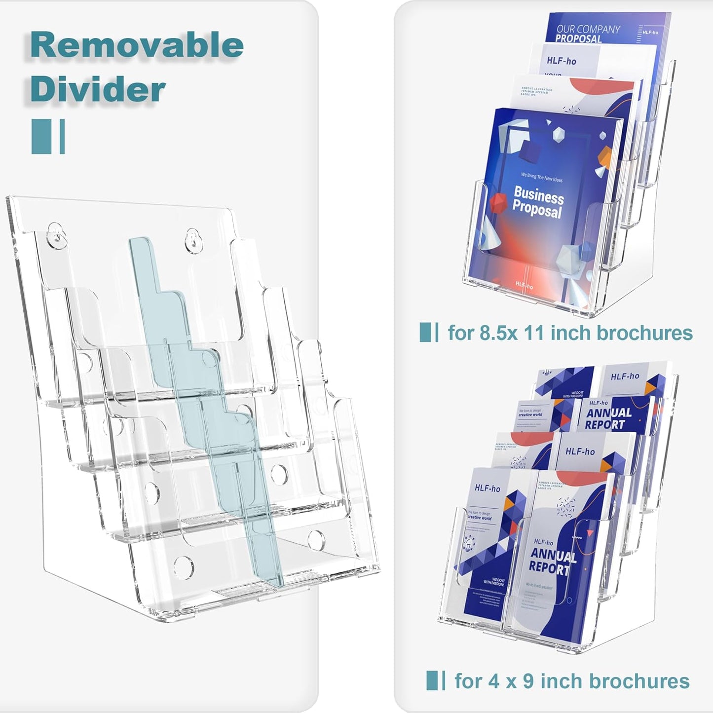 Brochure Holder 8.5x11 Inch 4 Tier with Removable Divider for 4x9 inch Clear Acrylic Pamphlet Display Stand Holder Countertop Use or Wall Mount for Office, Lobby, Hotel, Trade Show, 2 Pack