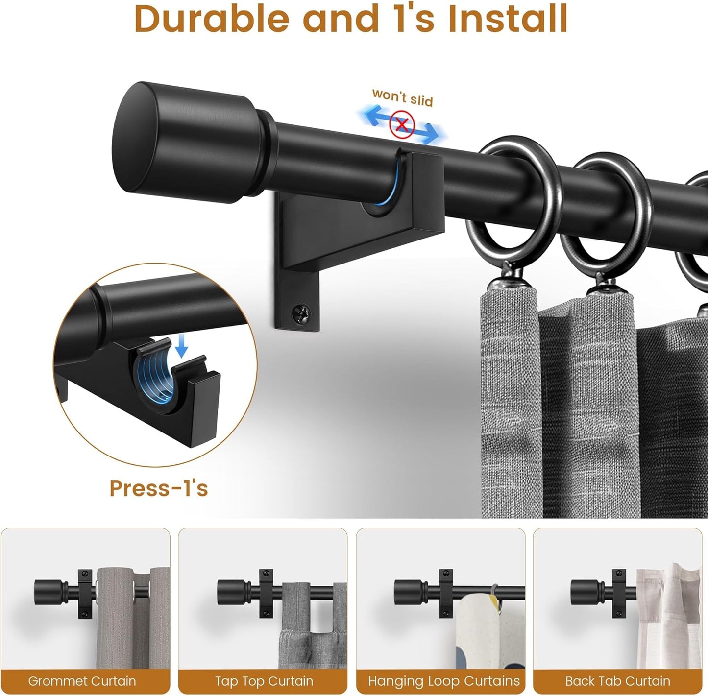 Black Aluminium Curtain Rods for Windows,1 Inch Adjustable Curtain Rod 48-84,Heavy Duty Drapery Rods with Thicken Bracket,Decorative Modern Single Rod with Aluminium Finials