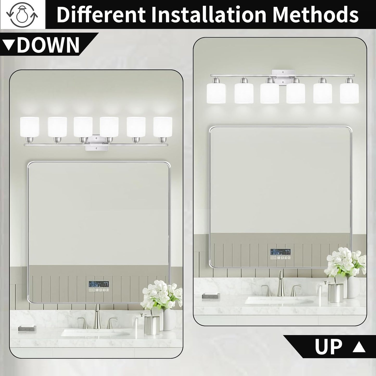 Brushed Nickel Vanity Light for Large Mirror, 6 Light Bathroom Lighting Fixtures Over Mirror with Milky White Frosted Glass Shades, 38 inch Bathroom Light for Mirrors, E26 Socket