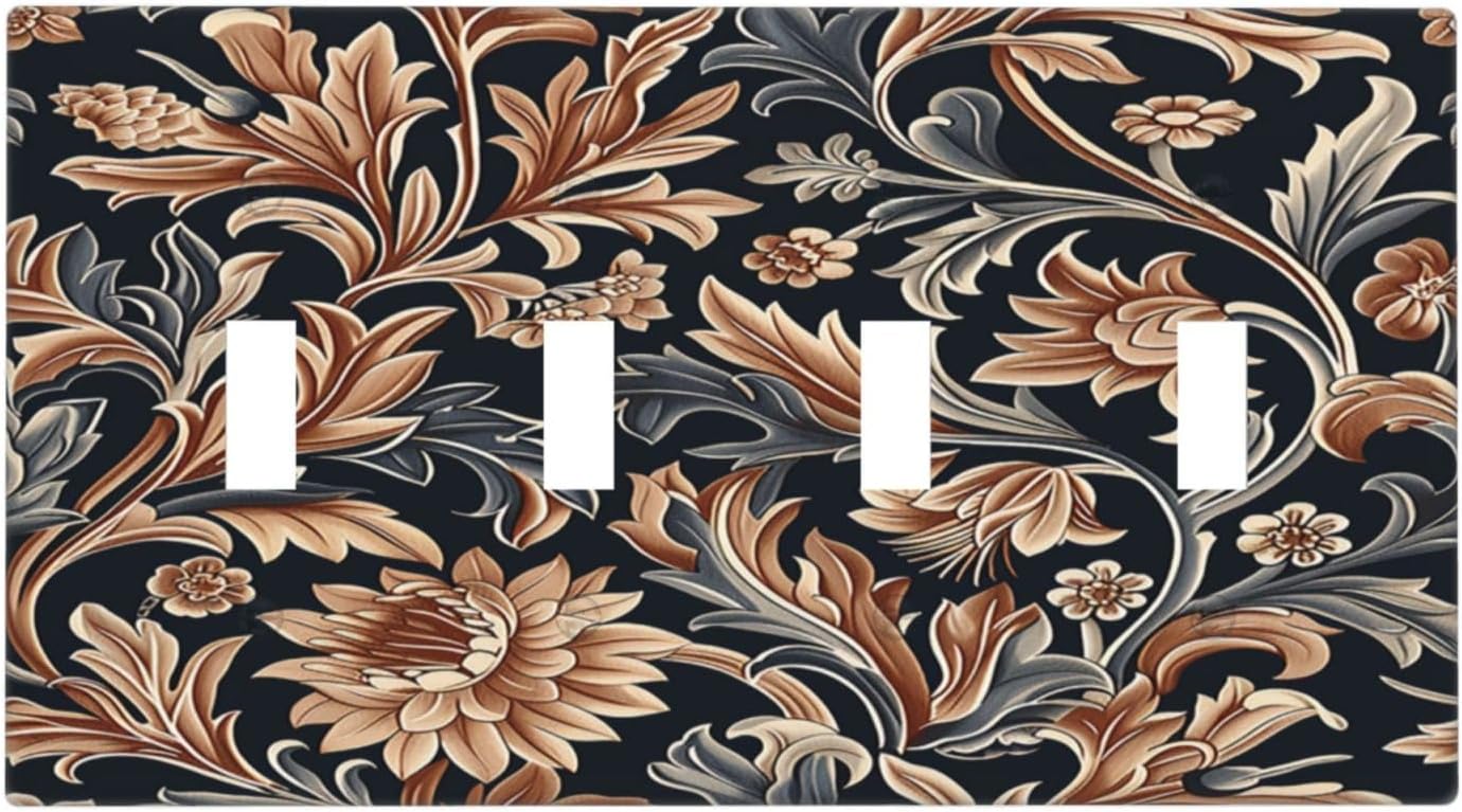 Light Switch Covers Vintage Grey Plant Leaves Brown Flowers Quad Toggle Electrical Faceplate 4 Gang Wall Plate Decorative Switch Plates for Bedroom Home Decor