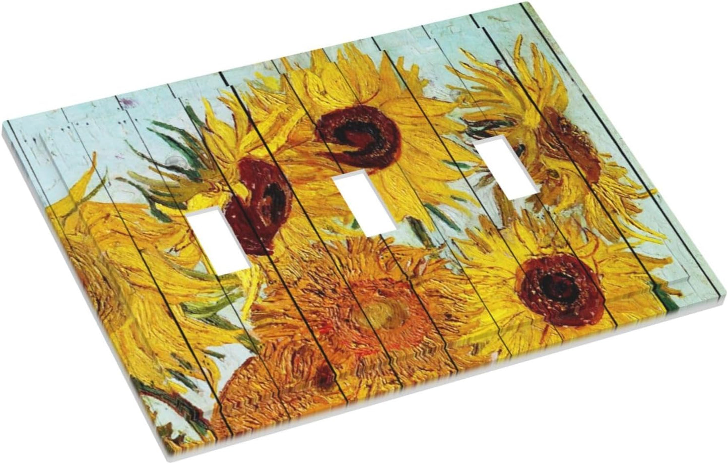 Decorative Switch Plates Sunflowers Oil Paintings Wood Floral 3 Gang Wall Plate Triple Toggle Light Switch Cover Faceplate Electrical Wall Panels For Farmhouse Bed Room Decor