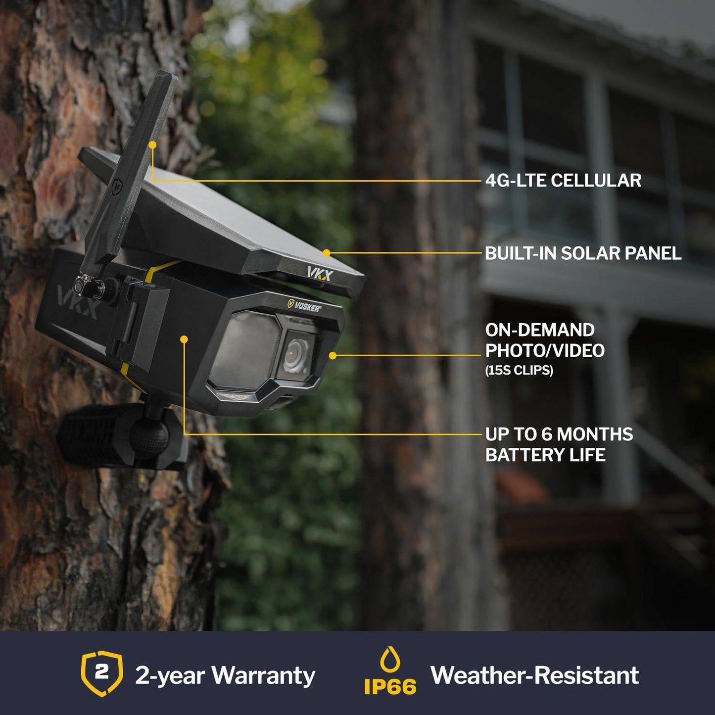 Vosker VKX Solar Powered 4G-LTE Outdoor Cellular Security Camera - No WiFi Needed, Motion Activated, Night Vision, SIM Card Included, On-Demand Mode - 15s Video Clips, IP65 Weather-Resistant