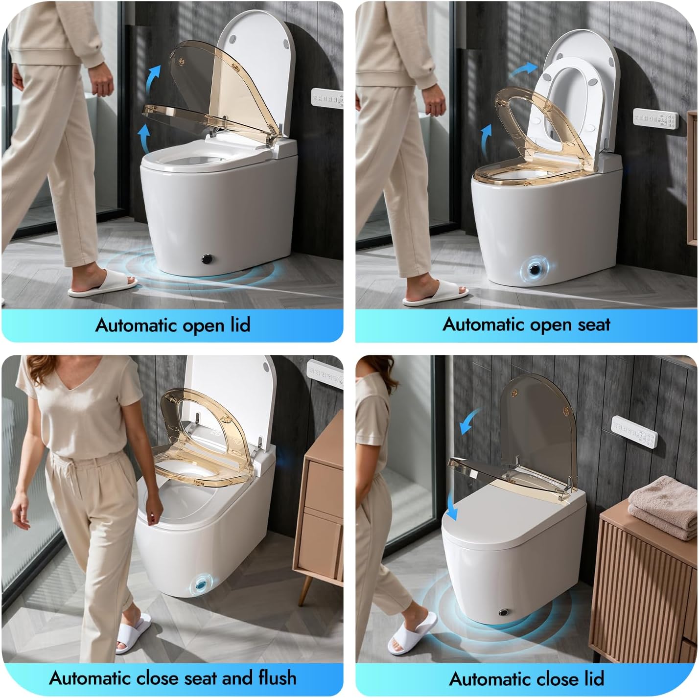 WANSID Compact Smart Toilet With Bidet, Heated Seat, Auto Open/Close Lid, Blackout Flush, Warm Water & Air Dry Function, One-piece Toilet with Tankless Design, Space-Saving, Night Light