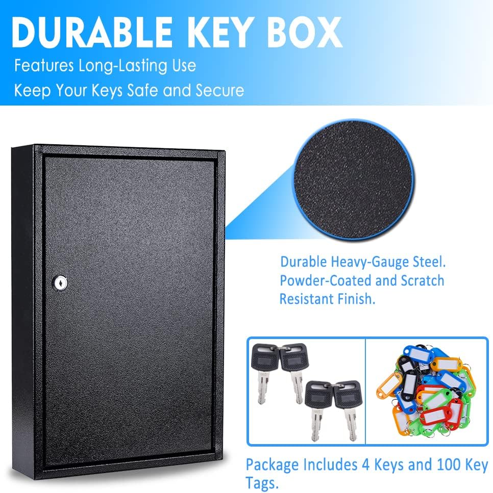 UMEKEN Metal Valet Key Cabinet - 100 Position Car Key Lock Box with Key Tags, Vehicle Organizer Safe Storage Locker, Black, 14.96" x 3.15" x 21.65"