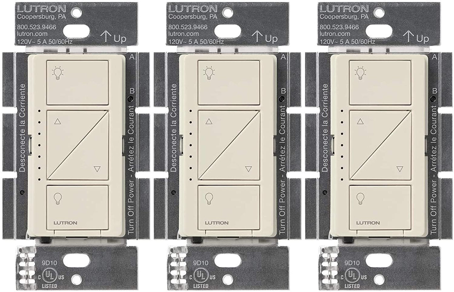 Lutron Caseta Original Smart Dimmer Switch (Lutron Smart Hub Required), for LED Lights, 150 Watt, Single-Pole/3-Way, No Neutral Required, PD-6WCL-LA, Light Almond, 3 Pack