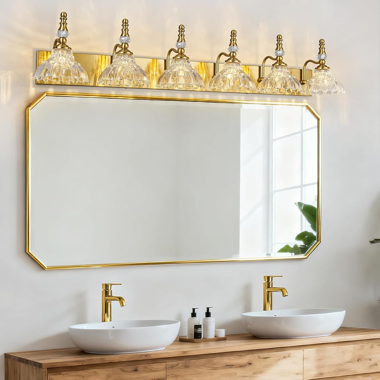 Vintage Bathroom Vanity Light, 6-Light Gold Vanity Lighting Fixture with Flower Glass Shade, Bathroom Lighting Fixtures Over Mirror