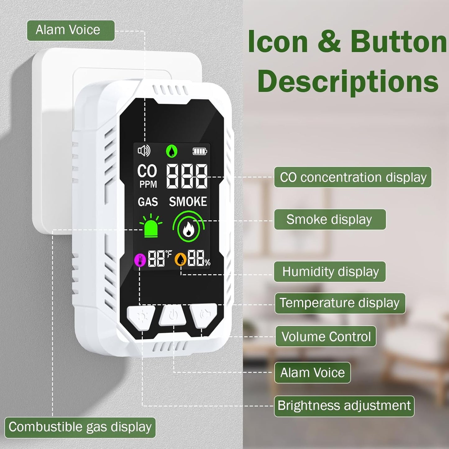 5-in-1 Carbon Monoxide Detector Combo with LCD Display, Detects CO, Natural Gas, Smoke, Temperature, Humidity for Home Hotel, Camping RV, Apartment Safety, Plug-in Monoxide Alarm HD Screen 1 Pack