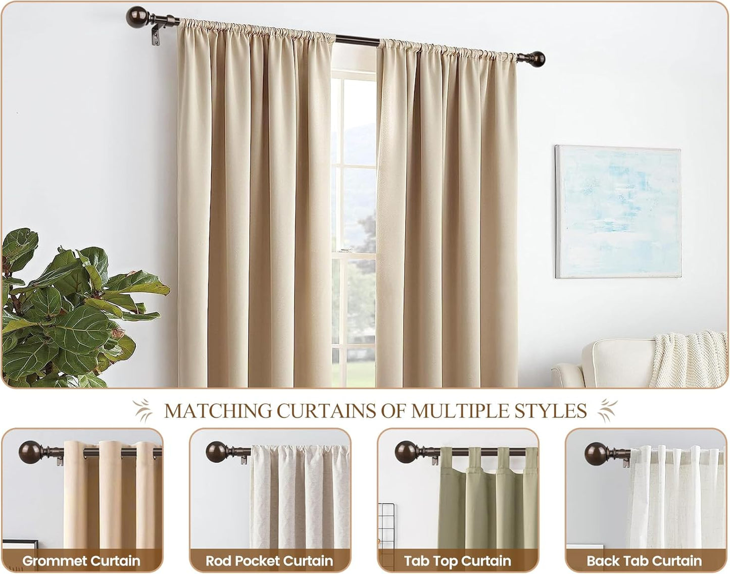 KAMANINA 2 Pack Curtain Rods 32 to 58 Inch (2.6-4.8ft), 7/8 Inch Single Heavy Duty Curtain Rods for Windows Adjustable Decorative Drapery Rod with Round Finials, Antique Bronze