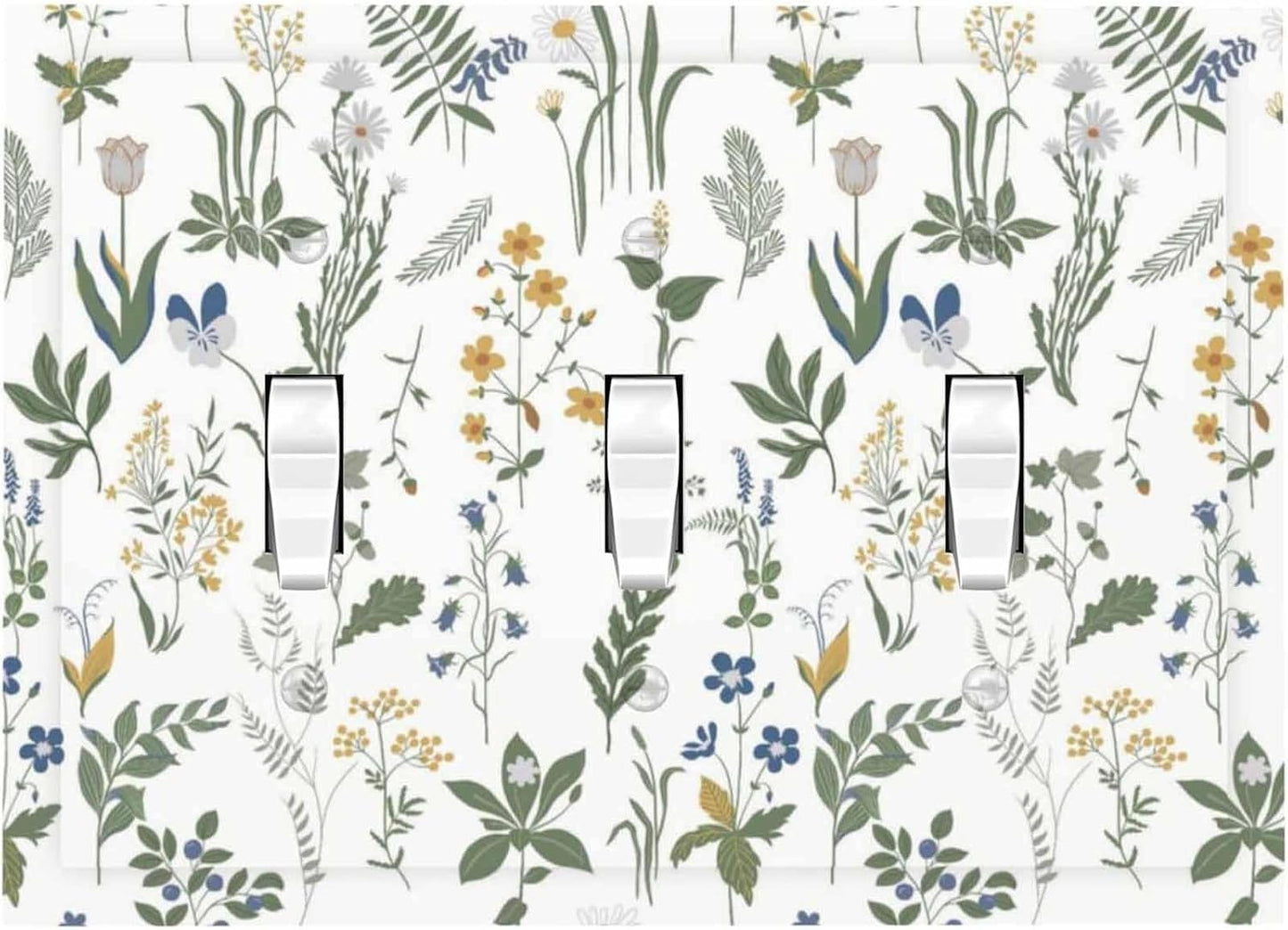Decorative Switch Plates Floral Green Leaf Plant Flowes 3 Gang Wall Plate Triple Toggle Light Switch Cover Faceplate Electrical Wall Panels For Bed Room Farmhouse Decor