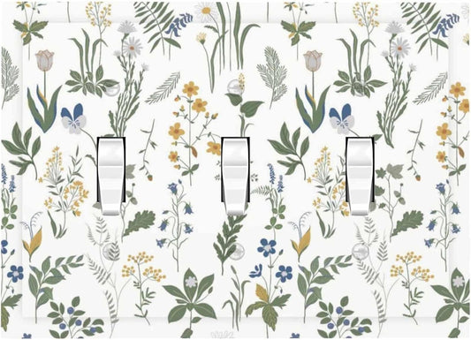 Decorative Switch Plates Floral Green Leaf Plant Flowes 3 Gang Wall Plate Triple Toggle Light Switch Cover Faceplate Electrical Wall Panels For Bed Room Farmhouse Decor