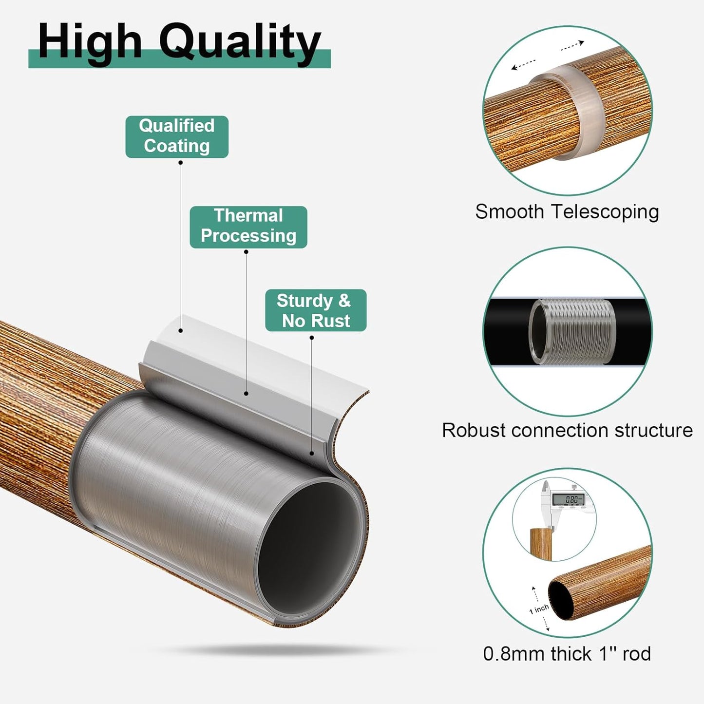 2 Pack Boho Wood Curtain Rods for Windows 48 to 84 inch,1" Adjustable Heavy Duty Window Curtain Rod with Imitation Wood Grain Finials,Rustic Decorative Drapery Rods Set 36-88'',Natural Wood