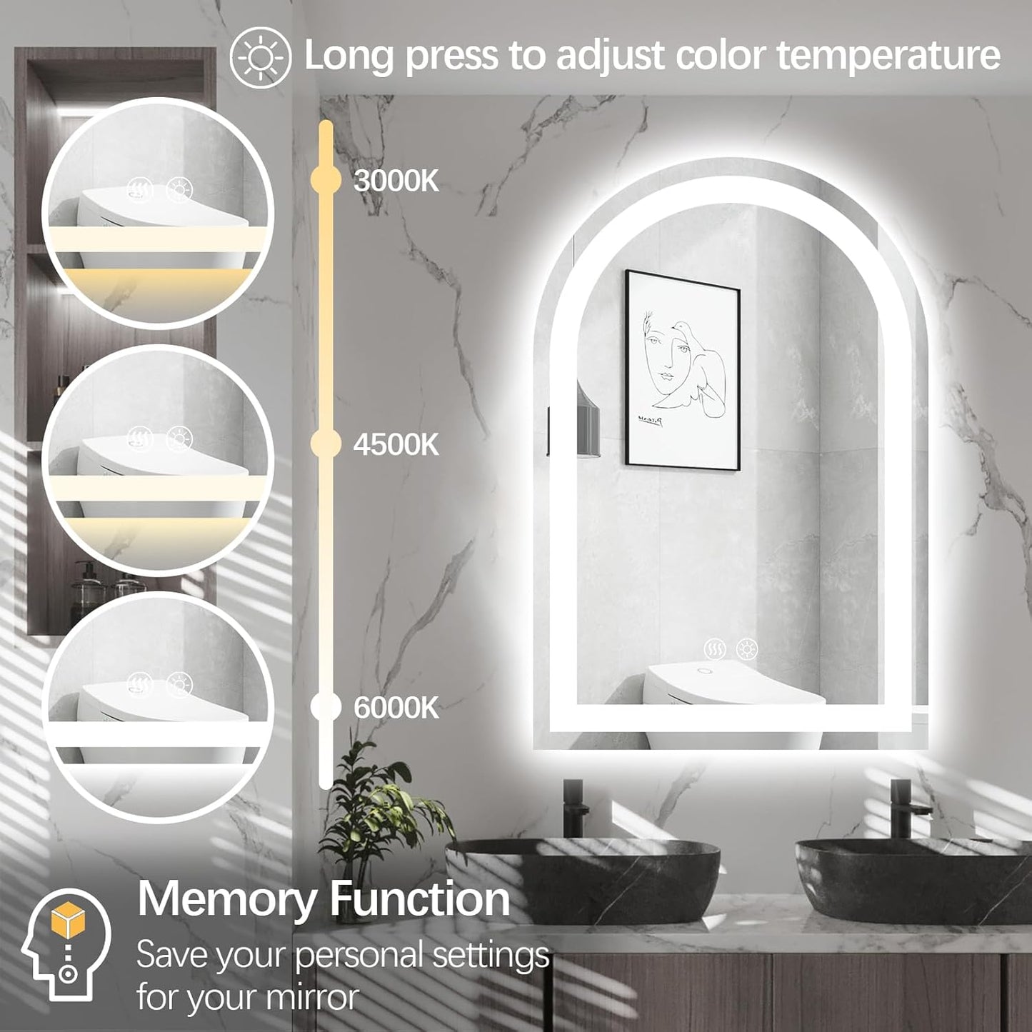 Niccy Arched LED Bathroom Mirror, 39x26 Arch Wall Mounted Frameless Bathroom Mirror for Vanity, Smart Lighted Frontlit Mirrors with Memory Function for Bathroom Bedroom Beauty Hair Salon