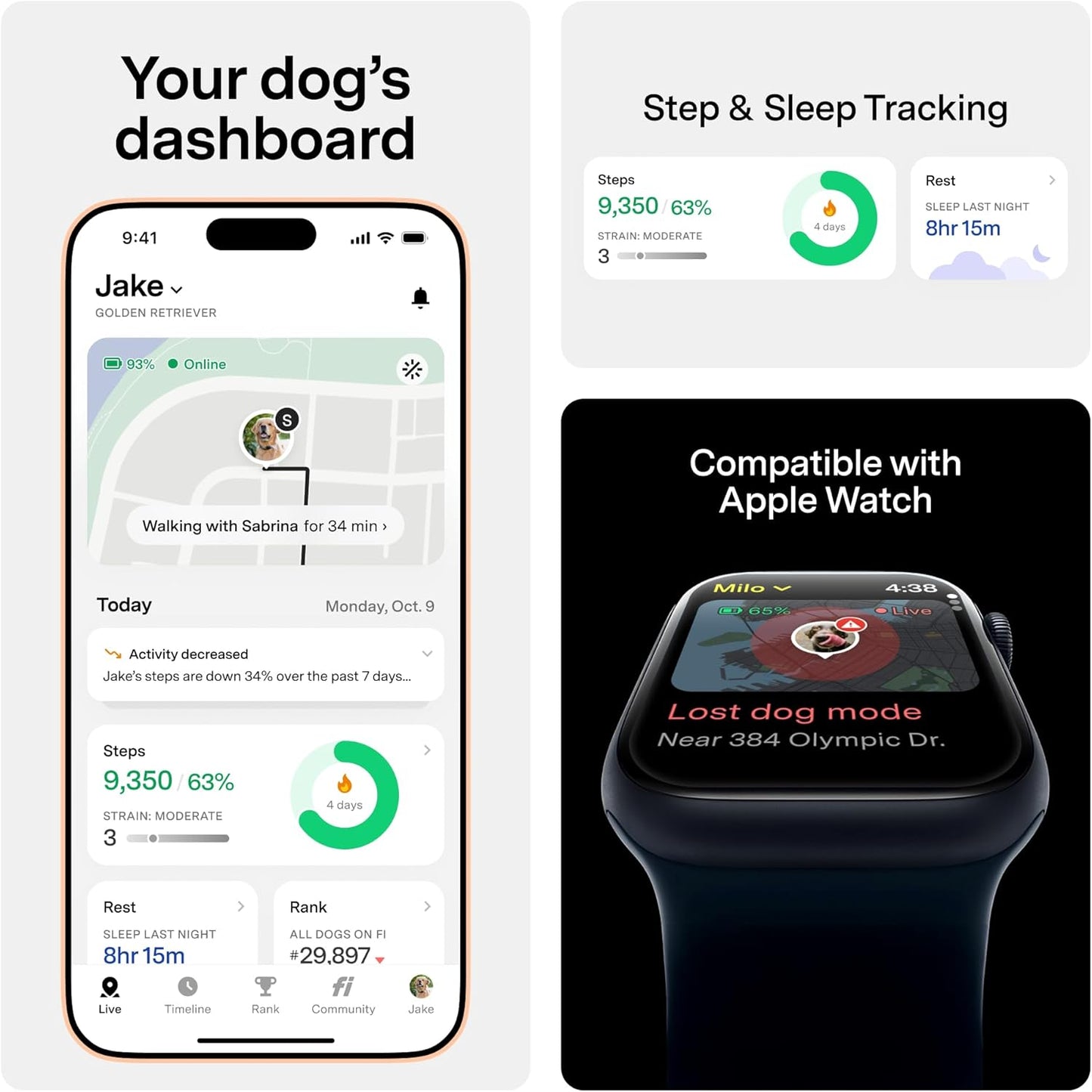 Fi Mini GPS Tracker for Dogs & Cats – Lightweight, Virtual Fences, Escape Alerts, Step & Health Tracking, Waterproof – 12-Month Membership Included