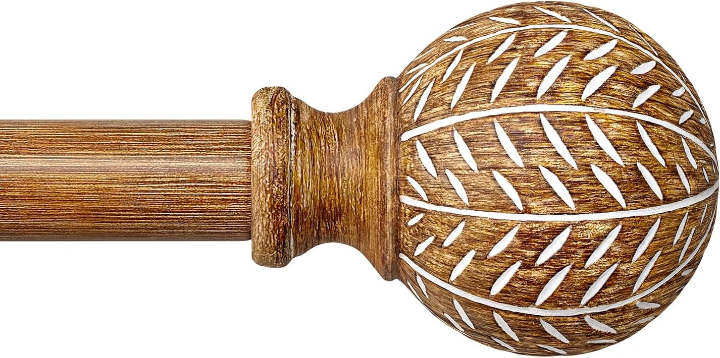 Imitation Wood Grain Ball Curtain Rods for Windows 48 to 84 Inch,1 Inch Heavy Duty Adjustable Wood Curtain Rod,Boho Drapery Rods Set with Brackets,Size:36''-88''