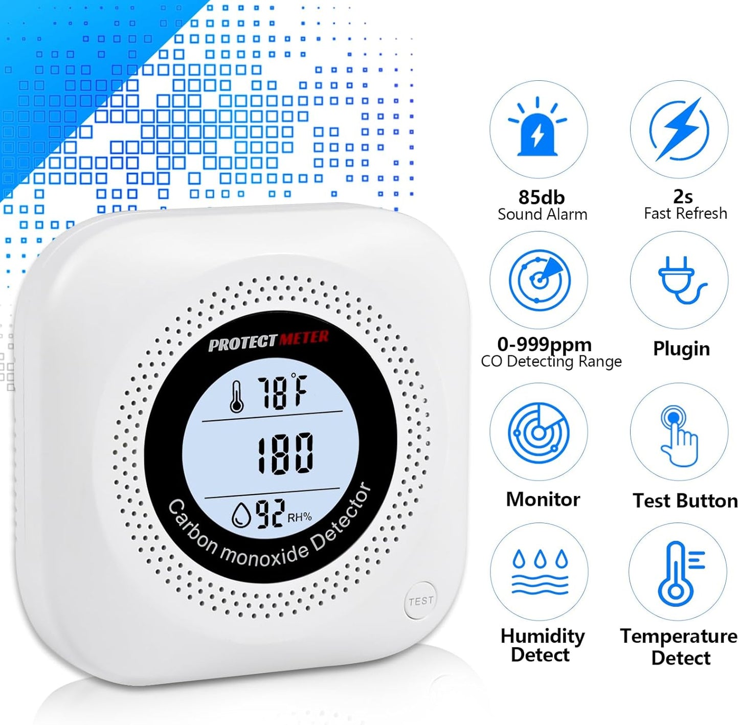 Carbon Monoxide Detector Plug in with Temperature & Humidity, 3-in-1 Portable CO Detector for Travel, Hotel, Home and RV Safety, Carbon Monoxide Alarm with Real-Time CO Monitor Display