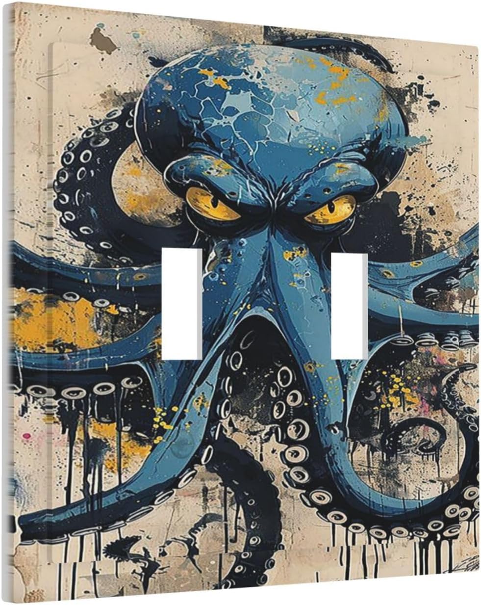 Decorative Switch Plates Nautical Vintage Blue Octopus Yellow Eyes Oil Watercolor 2 Gang Double Toggle Outlet Light Switch Cover Wall Plate Electrical Faceplate for Kids room Nursery Decor