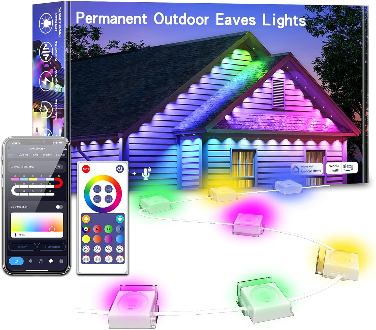 Smart Permanent Outdoor Lights, 100ft Smart Eave Lights with 72 LED Bulbs IP67 Waterproof DIY Multicolor for Daily, Festival, Party, Garden, House Decor, Work with APP/Alexa/Google Assistant