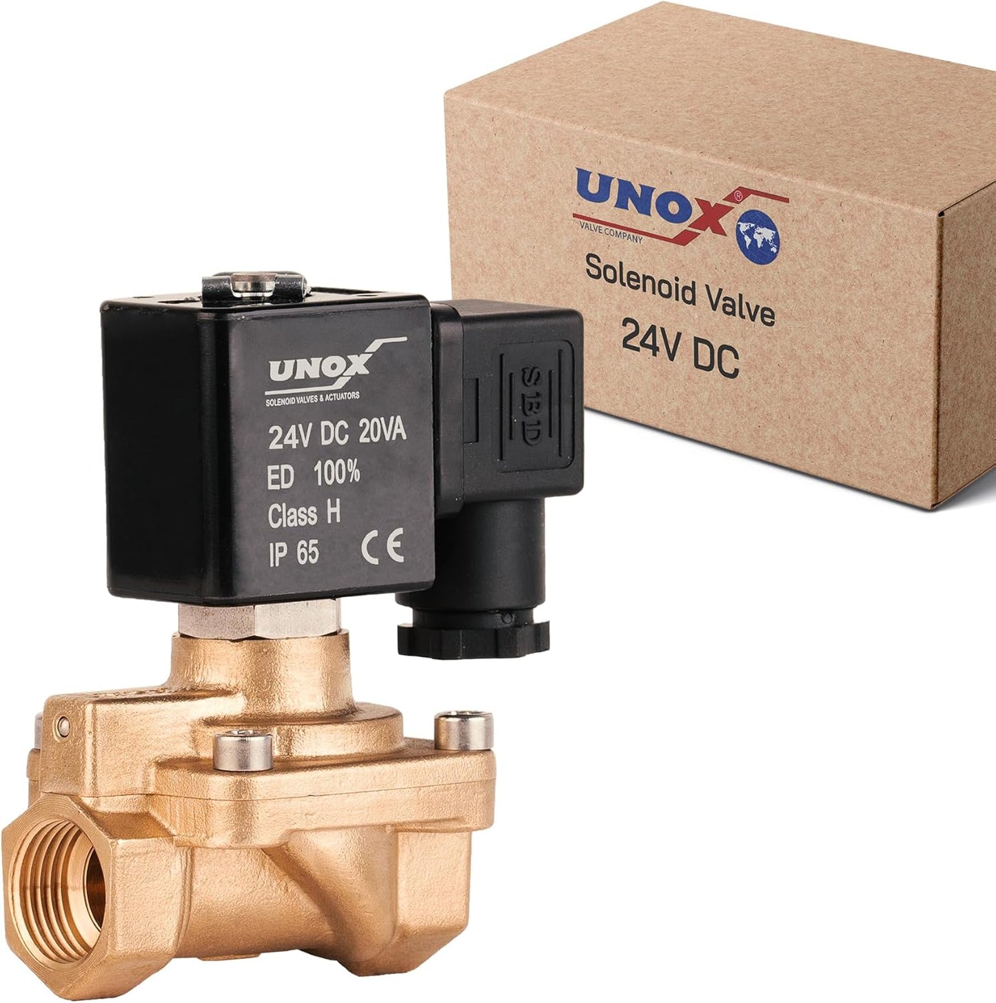 UNOX 3/8" NPT Solenoid Valve 24V DC, Brass Control Valve Normally Closed - 7-232 PSI Multi-Purpose Reliable Control Valve for Water, Air, and Gas - Solenoid Valves