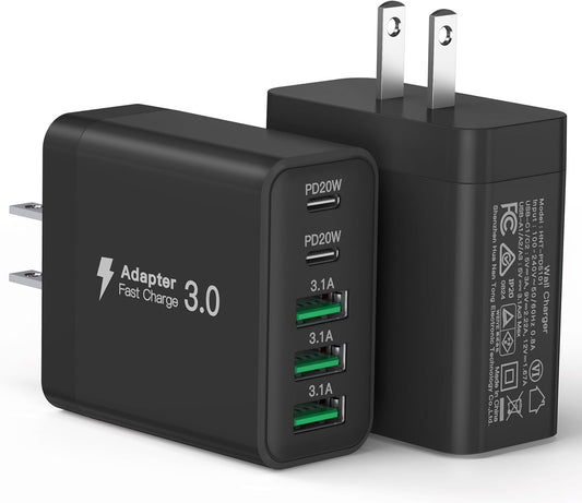 [2-Pack] USB C Wall Charger, 60W Fast USB C Charger Block, 5-Port PD Power Adapter + QC Wall Plug Multiport Type C Charging Block Cube Compatible with iPhone 17 16 15 14 13 12 Pro Max XR XS, Black