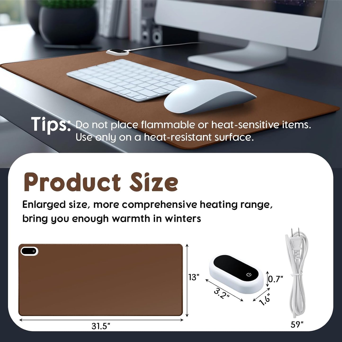 Konohan Heated Large Desk Mat PU Leather Warm Mouse Pad with 5 Heating Level & 4 Hour Auto Shut-Off Heating Keyboard Pad Warmer Gaming Mice Mat Only Supports 110v(Brown Color,31.5" X 13")