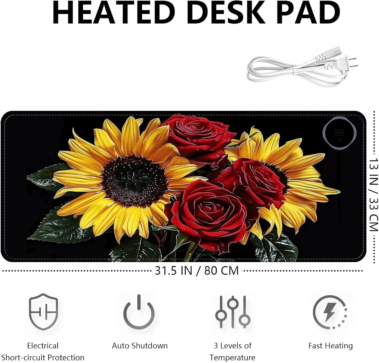 Heated Mouse Pad with 3 Levels Heated & 3 Hours Auto Shut-Off Mouse Pad for Warming Hands in Office Home, 31.5" x 13"Large Safe Desk Mat Hand Warmer，Rose Sunflower