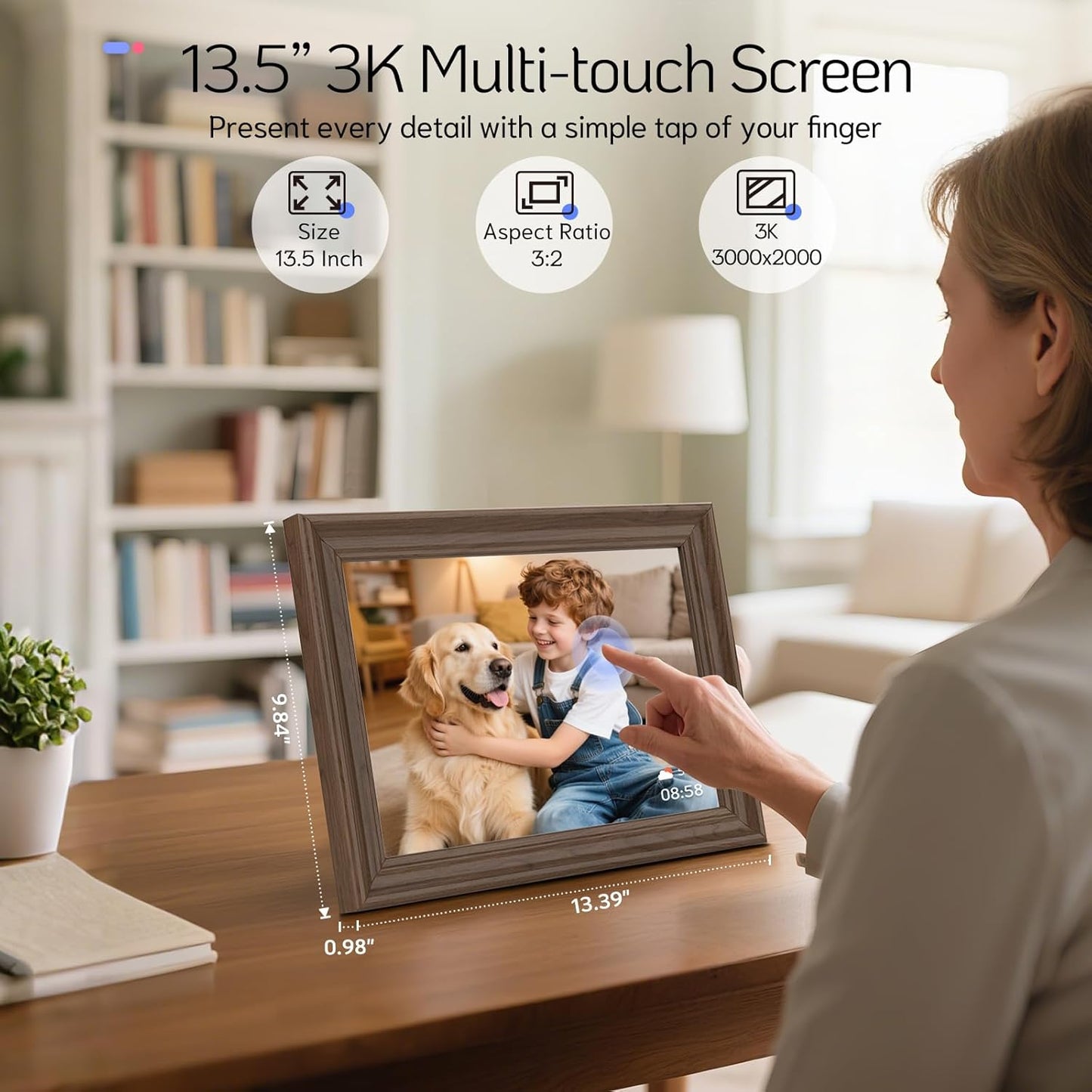 NexFoto 13.5" Touchscreen Digital Picture Frame 3K Resolution, WiFi Electronic Photo Frame 64GB, Add Pics from Google Photos, Share Photos/Videos via App/USB, Gifts for Mom Christmas, Walnut