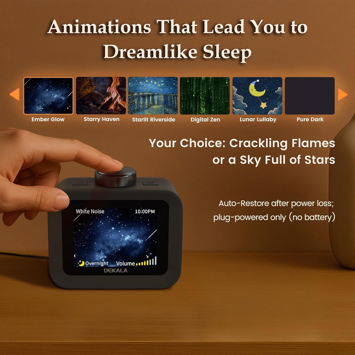 Dekala AuraDot White Noise Sound Machine for Sleep Temperature Humidity Monitor, 30 Non-Loop Soothing Sounds, Timer/Play All Night, Animationed Sleep Screen, 7-Day Programmable 4 Alarm Clock Black