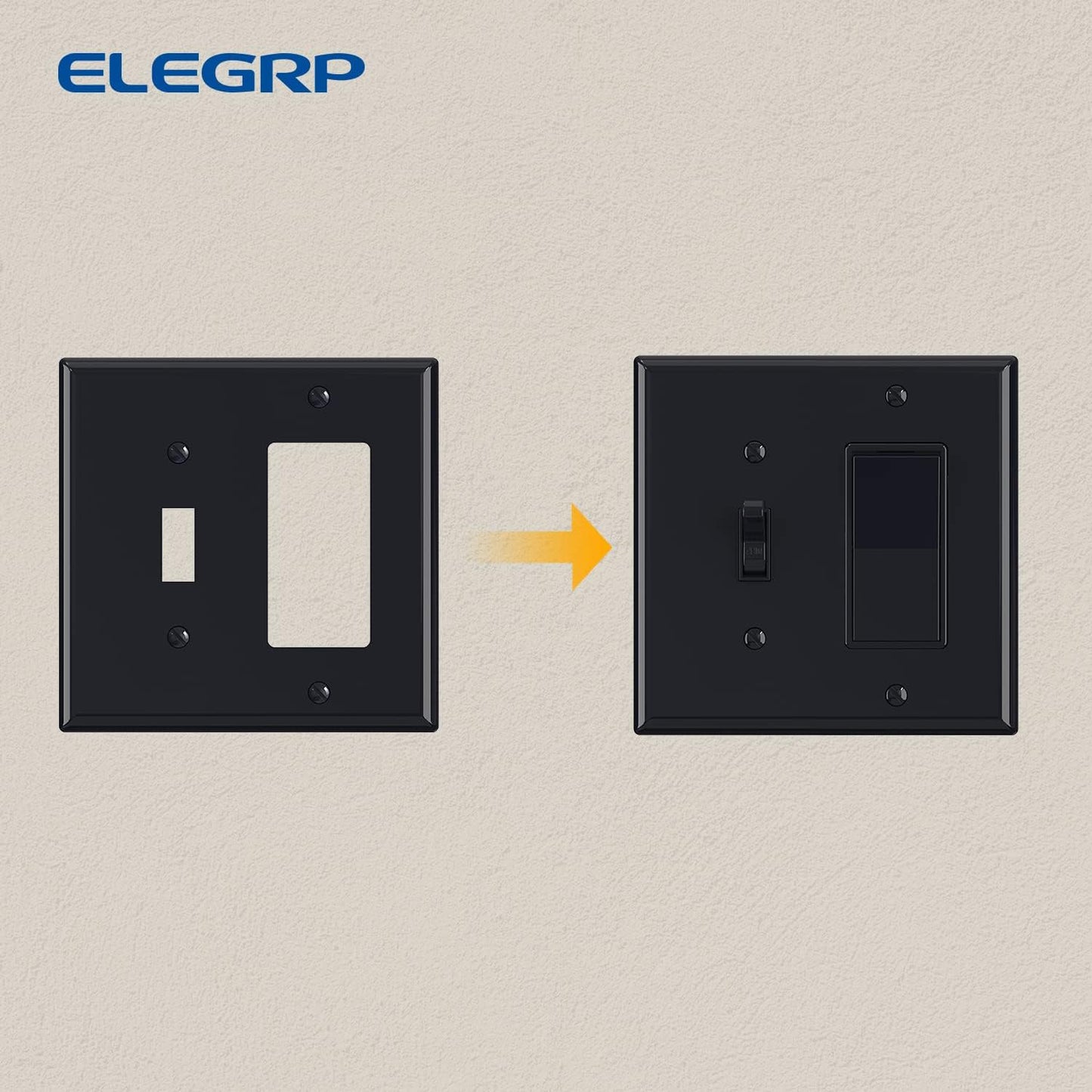 Combination Wall Plate ELEGRP 2-Gang 1-Toggle Light Switch 1-Decorator/GFCI Device Combination Wall Plates, Mid-Size 4.88" x 4.94" Unbreakable Thermoplastic Faceplate Cover, UL (2 Pack, Glossy Black)