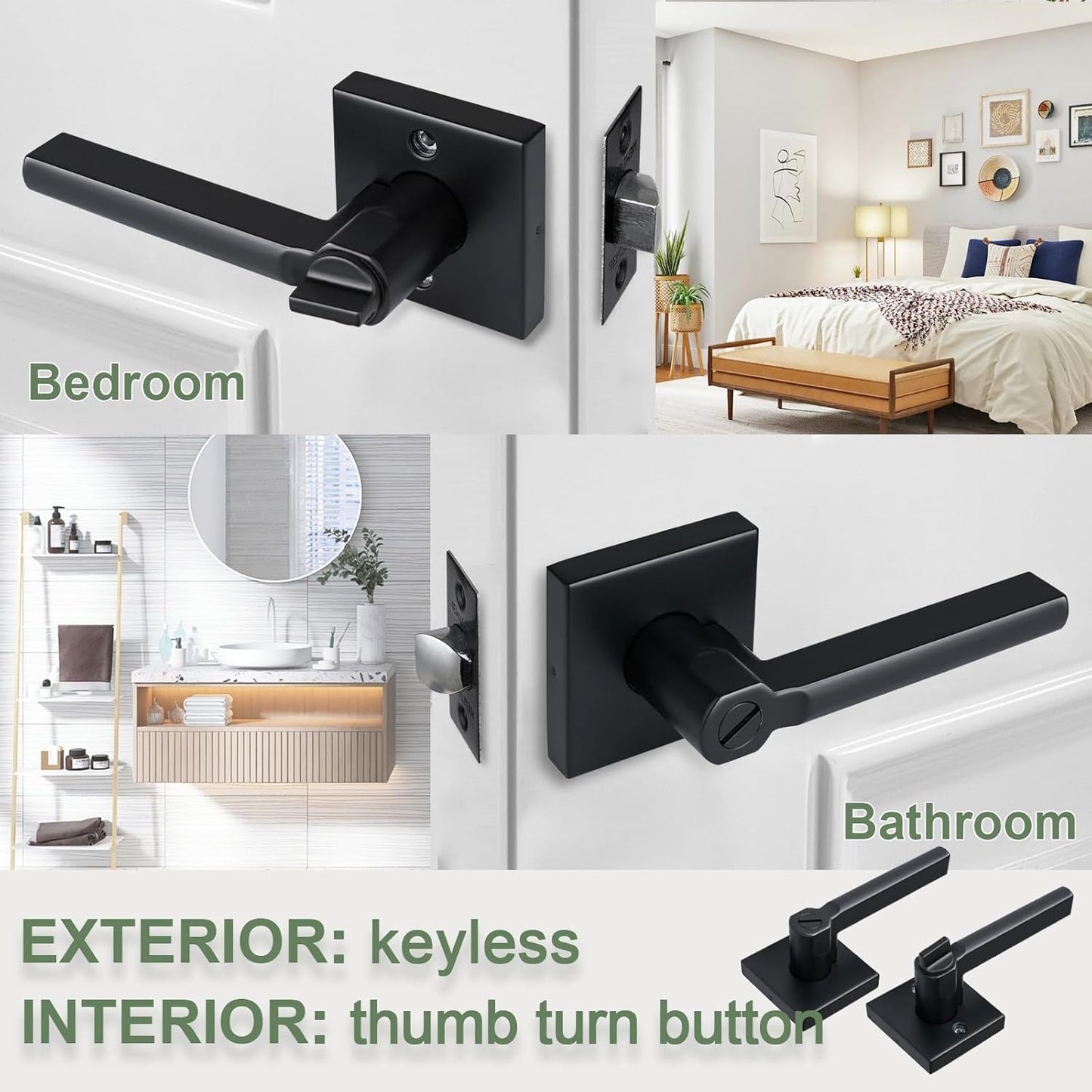 Privacy Door Lever, Heavy Duty Bathroom Bedroom Handle Lock, Keyless Interior Knobs, Matte Black, Reversible for Right&Left Handed, 4Packs