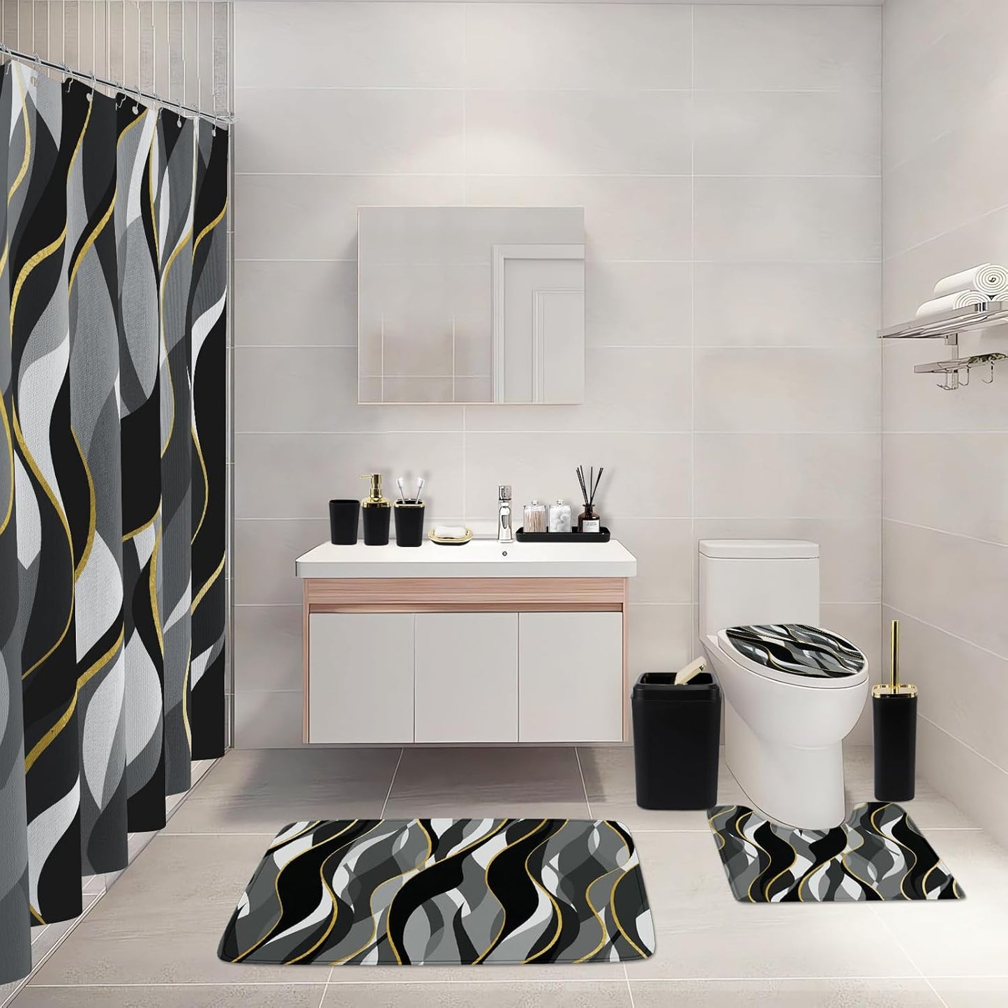 Bathroom Set - Black and Gold Bathroom Accessories, Bathroom Sets with Shower Curtain and Rugs, Black Shower Curtain Set with Bathroom Trash Can, Soap Dispenser, Soap Dish for Home Decor