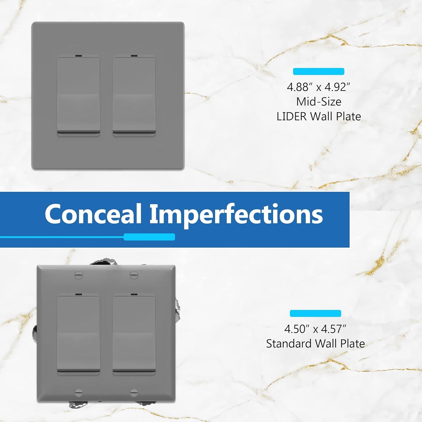 LIDER Matte Finish Double Decorator Switch Cover, Screwless Wall Plate, Mid-Size 2-Gang 4.88" x 4.92", Unbreakable Polycarbonate Thermoplastic, UL Listed, LSWP-32M-GY10P, Gray, 10 Pack
