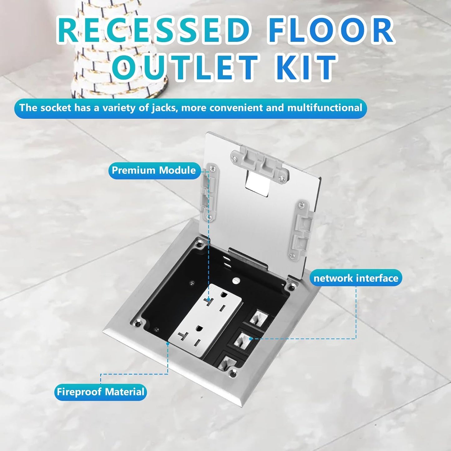 KYHSHJ Recessed Flat Hidden Socket Kit with 20 Amp Stainless Steel TR Receptacle Outlet Stainless+3-Port RJ45 Datacom Receptacle.Internal Height Adjustable，Corrosive Resistant Hardware，Silver