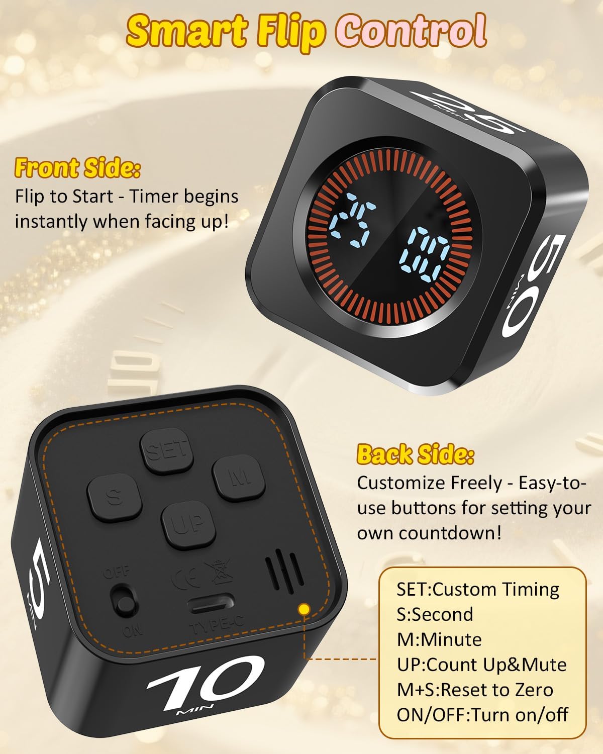 Pomodoro Timer Cube Visual Productivity Flip Timer for Kids Classroom Desk, 5/10/25/50min&Custom Countdown, Silent&Sound Mode Digital Cube for ADHD Study Work School Game Kitchen (Black)