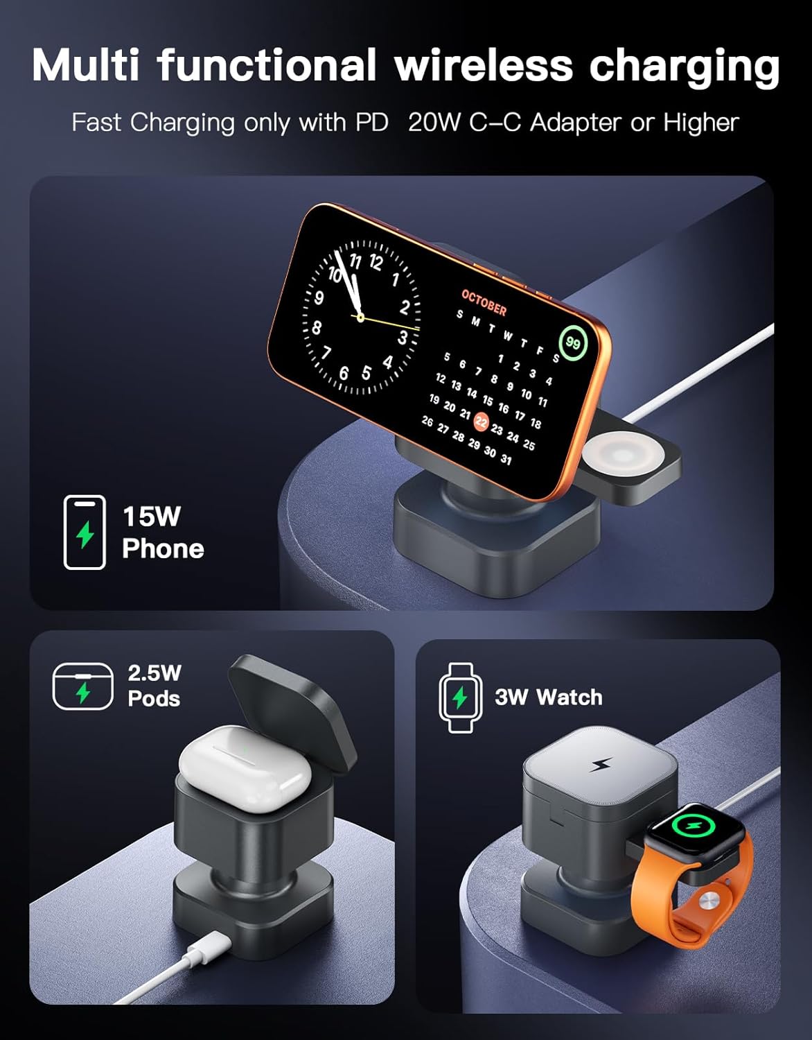 3 in 1 Wireless Charging Station, Wireless Charger with Night-Lamp & Retractable Design, Phone Wireless Charger Fast Charger for Phone 17/16/15/14/13/12/11/X Pro/Max/Plus/Watch/pods