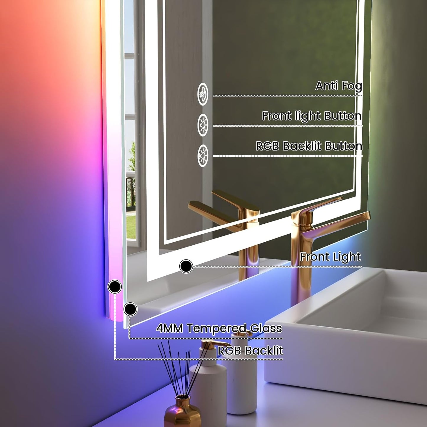 28x32 inch LED Bathroom Mirror with RGB Lights Color Changing Backlit Mirror Shatterproof Dimmable Anti-Fog Lighted Vanity Mirror (RGB Multicolor Backlit + Adjustable Front-Lighted)