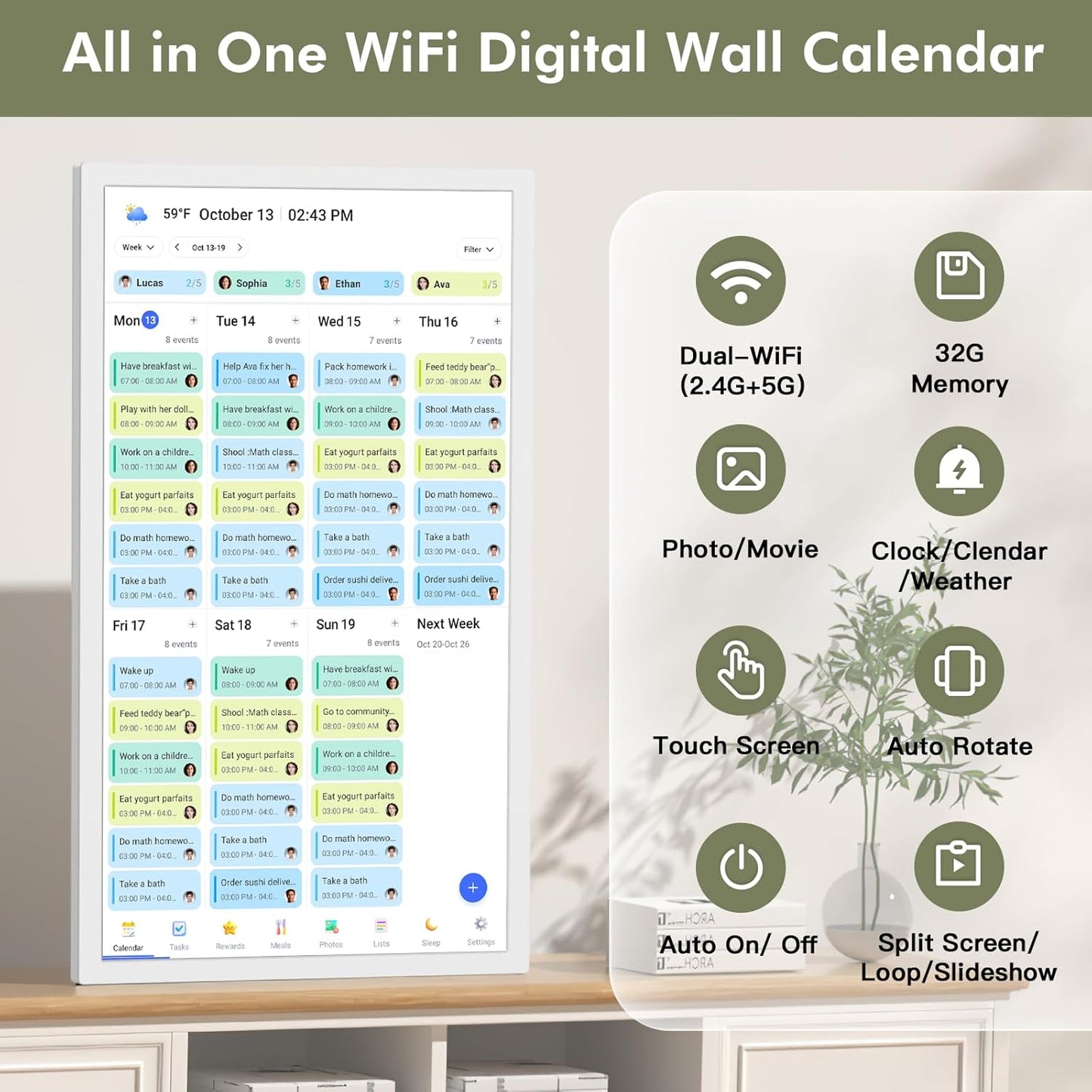 27 Inch Wall Calendar Digital Picture Frame for-Busienss Schedules – Smart Touchscreen Interactive Display, Auto-Sync Google iCloud Outlook Calendars, Wall Mountable, for Mom Dad