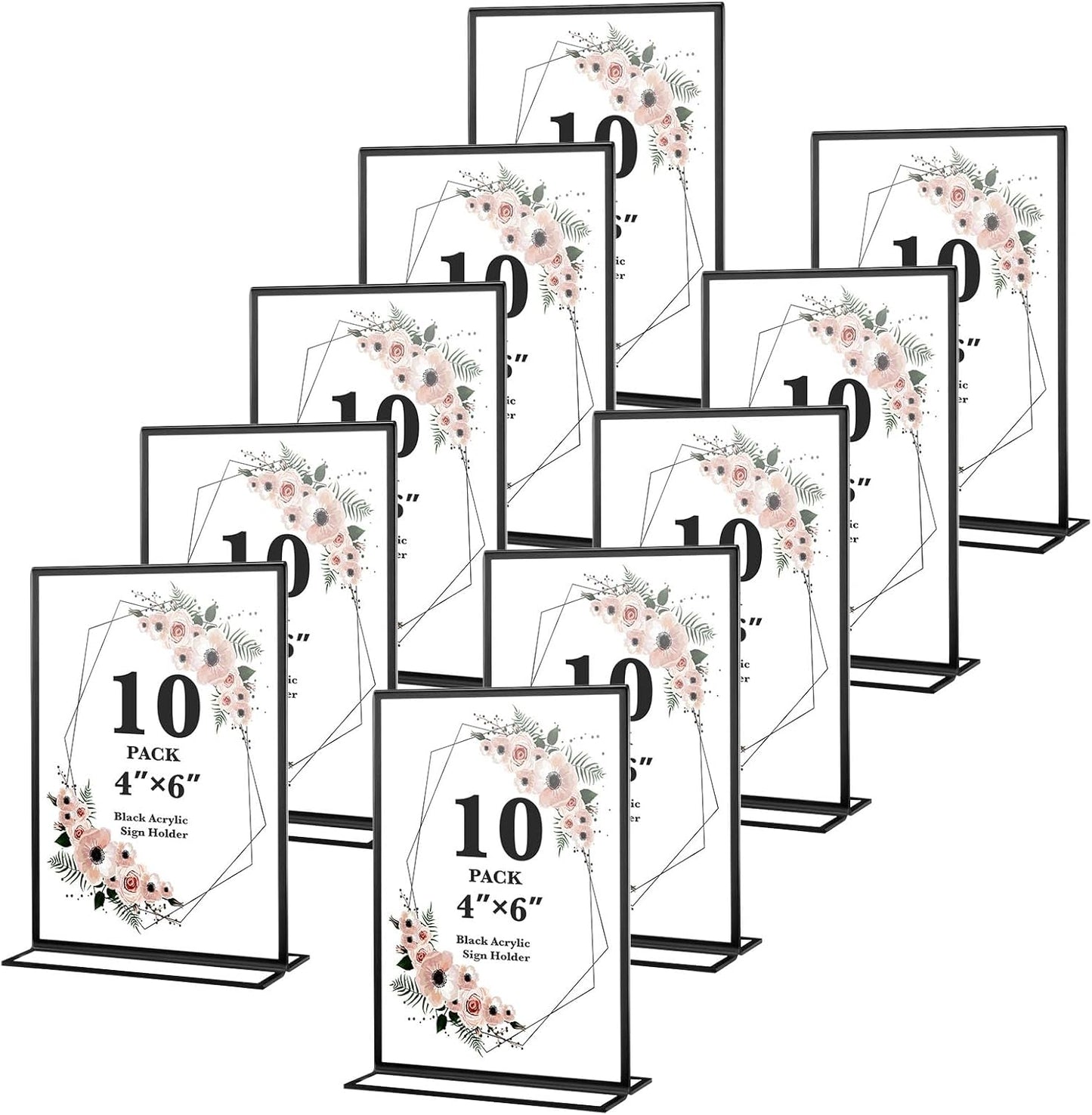 10 Pack Acrylic Sign Holders 4x6 Photo Frames, Double Sided Picture Frame, Clear Wedding Table Number Holder, Table Menu Display Holders for Restaurant Signs, Party and Office Photos, Black