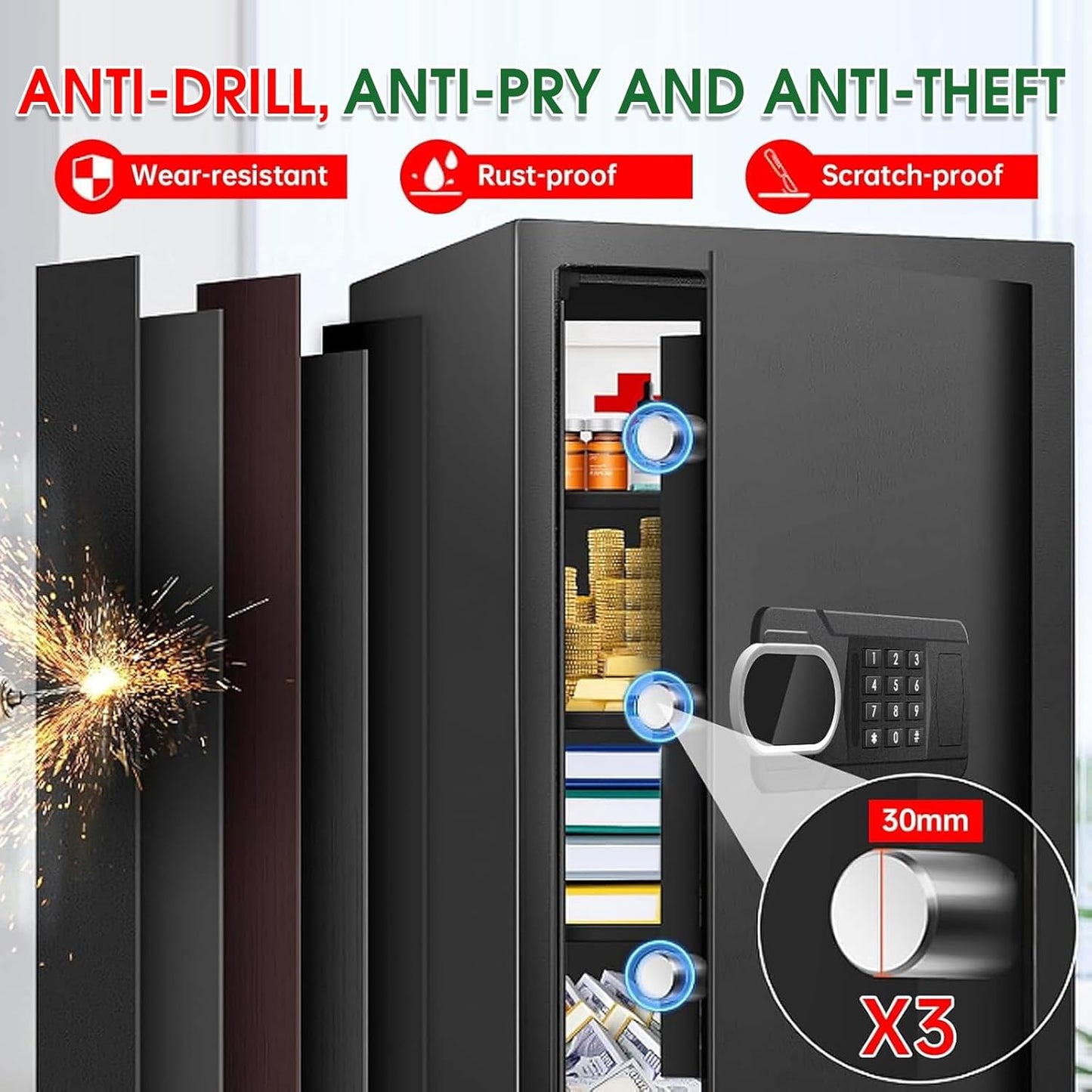 5.1 Cuft Large Home Safes Fireproof Waterproof, Anti-theft Security Personal Safe Box With Digital Keypad & 3 Removable Shelves and Led Light, Fireproof Document Safes for Home Money Valuables