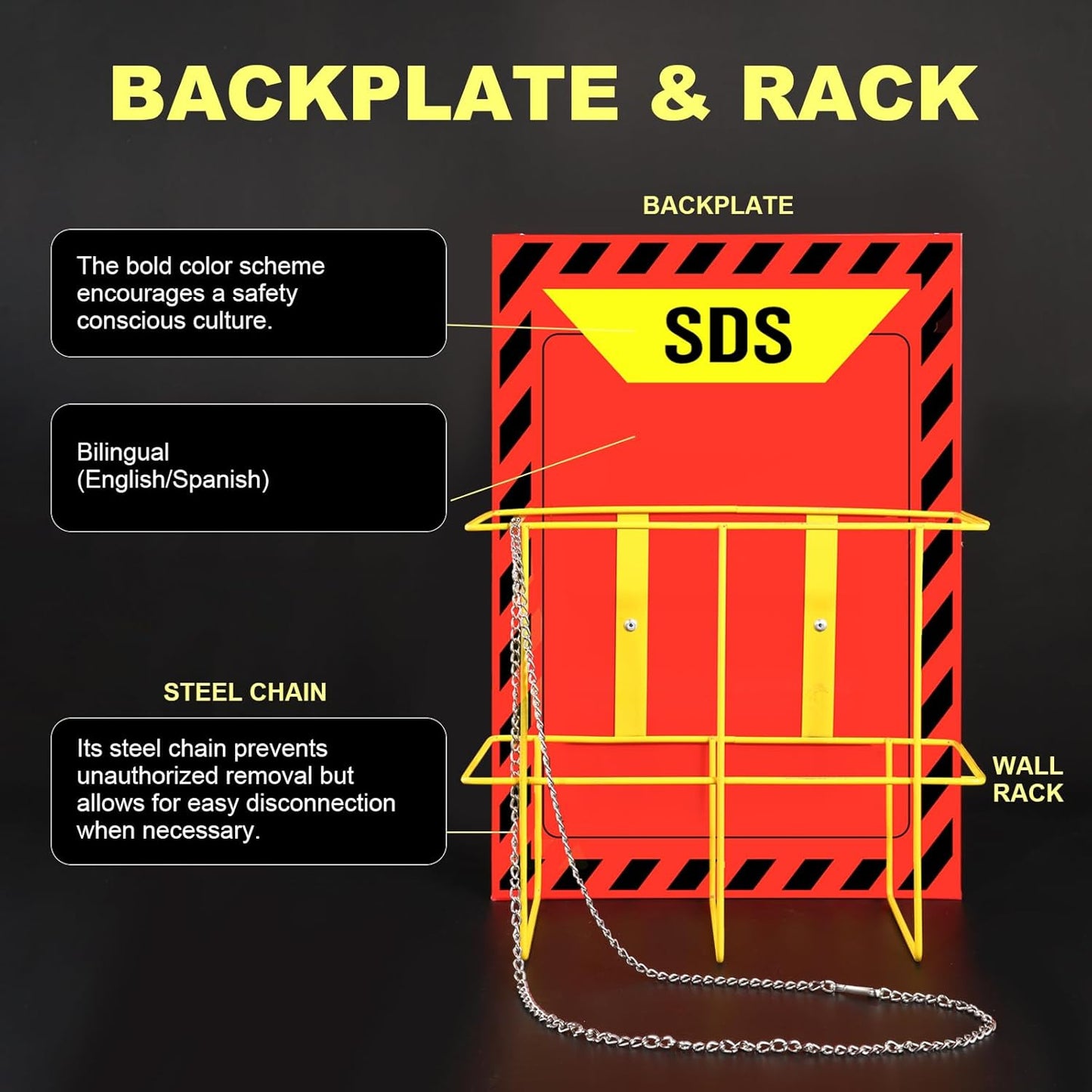 MSDS SDS Binder and Wall Station - Yellow Heavy Duty 3 Inch Material Safety Data Sheet 3 Ring Binder with SDS Wire Rack and Display Sign, Chain,Mounting Hardware,Safety Posters,MSDS Labels