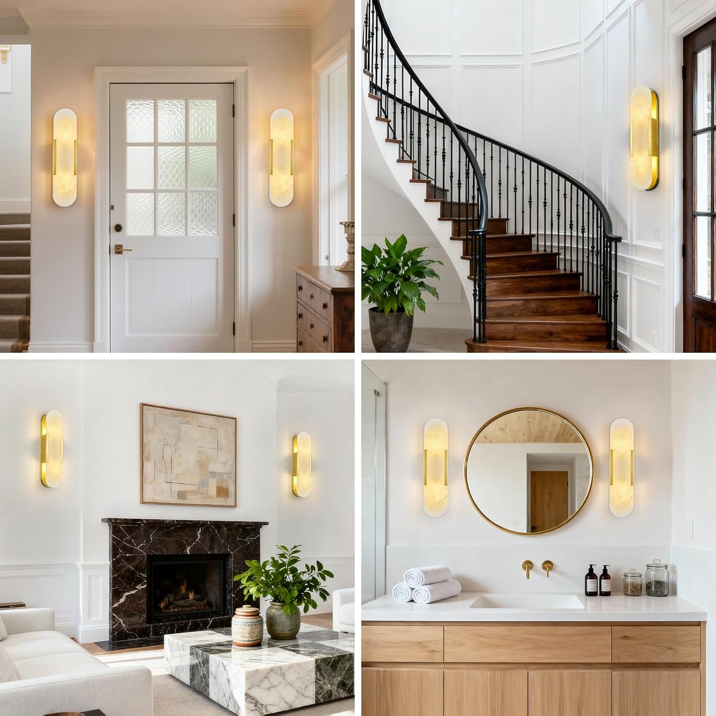Brass Alabaster Wall Sconce, Modern Natural Marble Wall Sconces for Indoor Lighting, 19.7 in Gold Wall Lights for Bathroom Dining Room Stairs Bedroom (1-Pack)