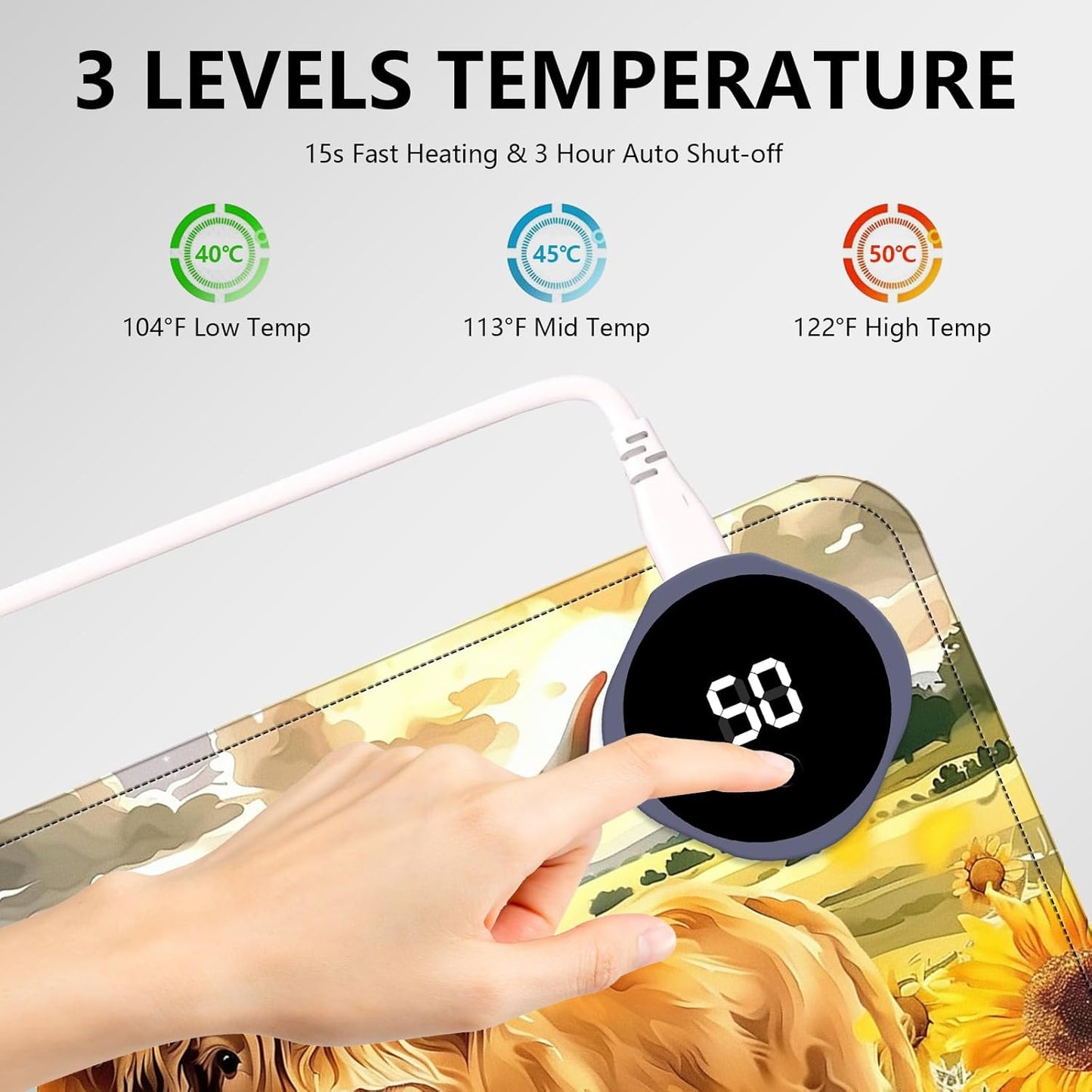 Heated Mouse Pad with 3 Levels Heated & 3 Hours Auto Shut-Off Mouse Pad for Warming Hands in Office Home, 23.6" x 14.2"Large Safe Desk Mat Hand Warmer，Sunflower Highland Cow