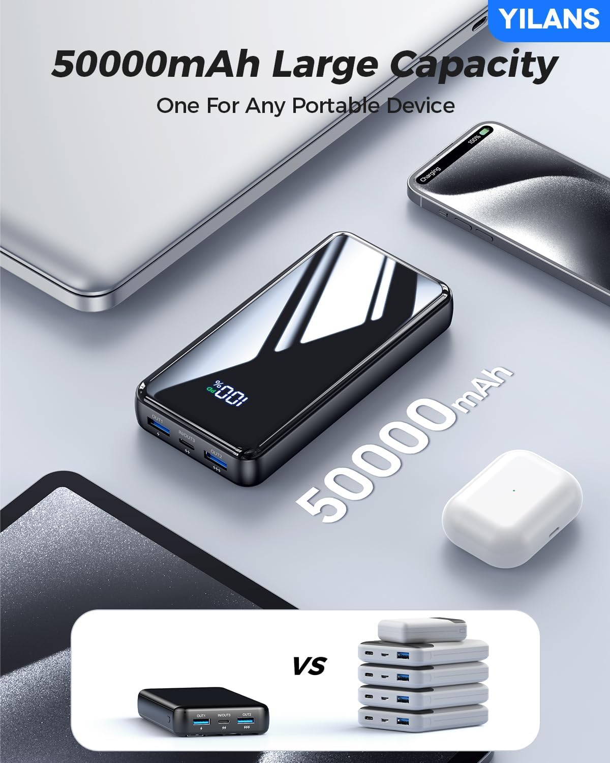 Portable Charger,50000mAh Power Bank Built-in Cable, 22.5W USB C In & Out Fast Charging, External Battery Pack with 6 Output & 2 Input, Travel Phone Charger for iPhone 17/16/15/14/13/12, Android