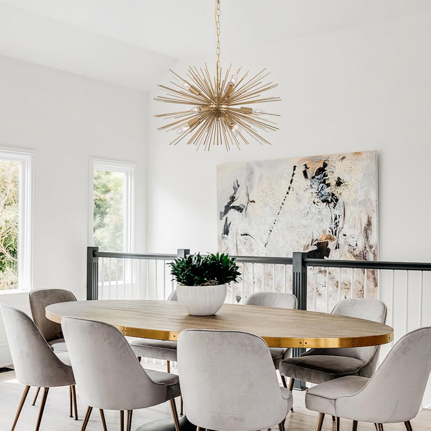 Modern Starburst Chandelier:9 Lights Gold Sputnik Light Fixture for Dining Room Living Room,Bedroom, Kitchen Room, Entryway,Foyer,24in