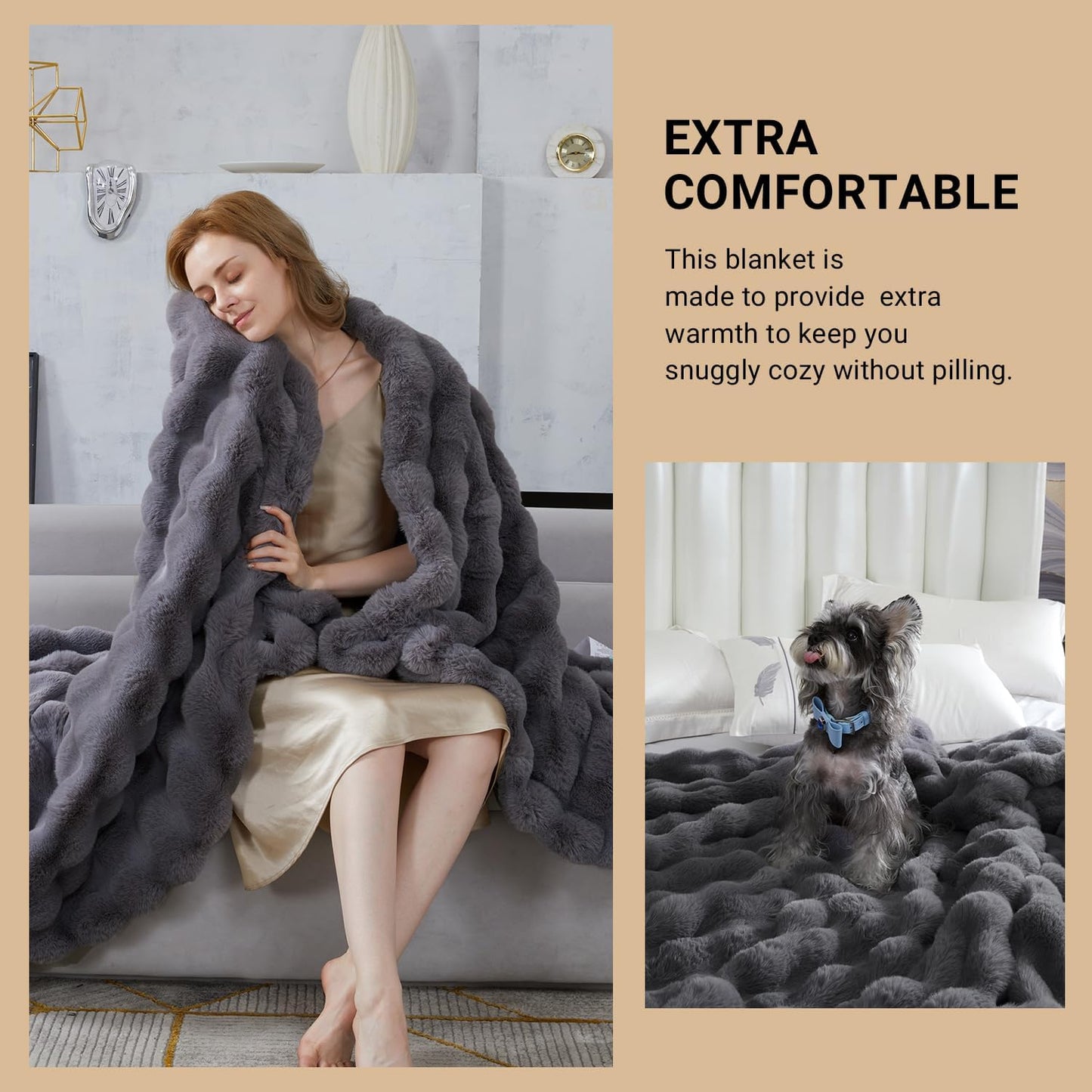 SAPHREAS Faux Fur Throw Blanket for Couch, Fluffy Fuzzy Bubble Blanket for Sofa Bed Living Room, Grey Decor Soft Cozy Gifts for Women Men, 50x60” Gray