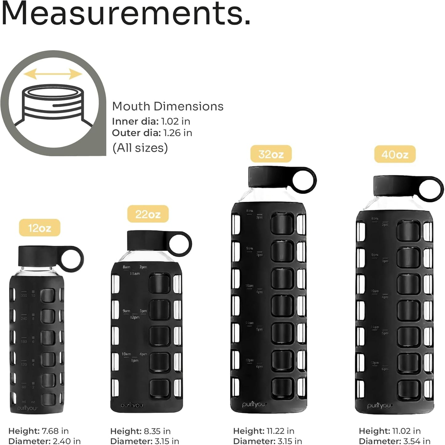 purifyou 40oz / 32oz / 22oz / 12oz Borosilicate Glass Water Bottle with Time & Volume Markers, Silicone Sleeve, Stainless Steel Lid | Reusable Glass Bottle for Water & Juice (22oz Jet Black)