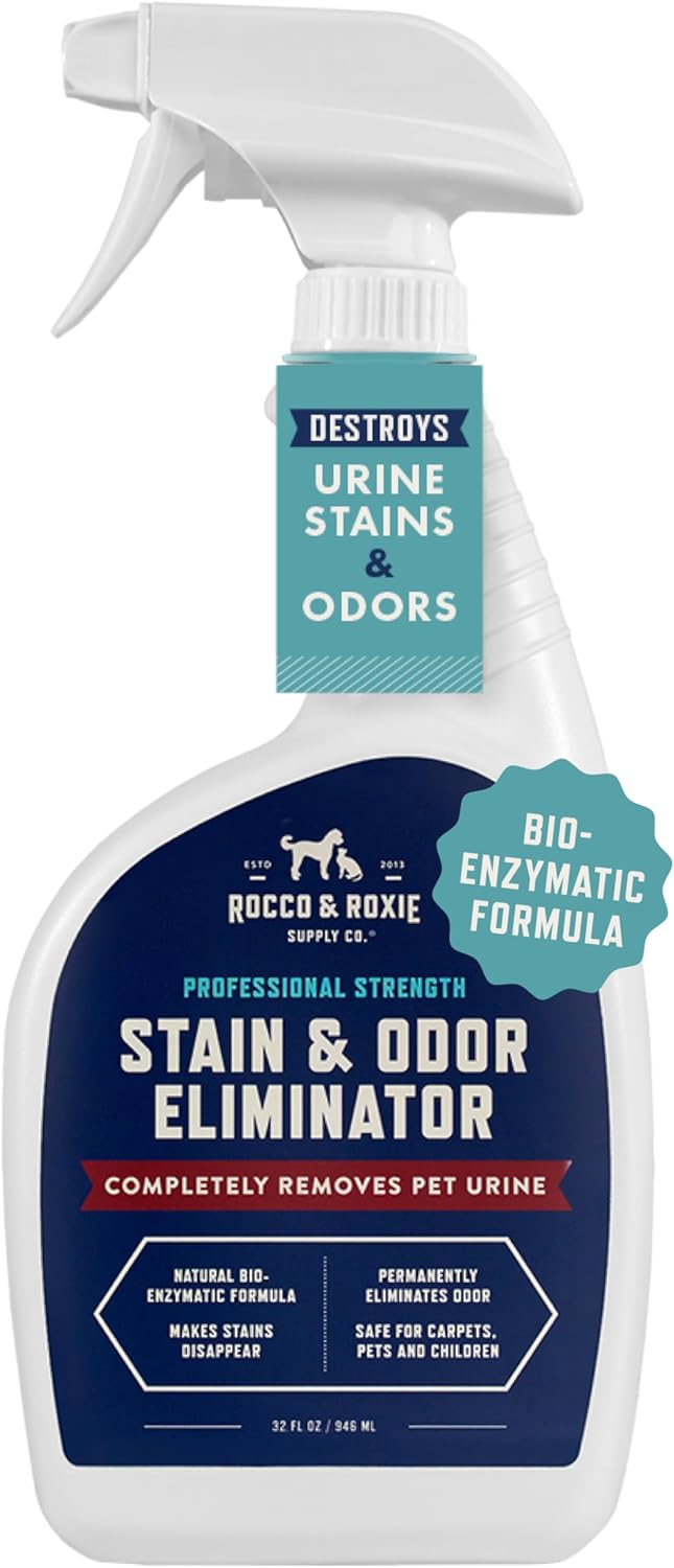 Rocco & Roxie Supply Co. Stain & Strong Odor Eliminator, Enzyme Cleaner, Pet Odor Eliminator for Home - Carpet Stain Remover for Cats & Dog Pee - Urine Destroyer - Carpet Cleaner Spray Clear, 32 Fl Oz