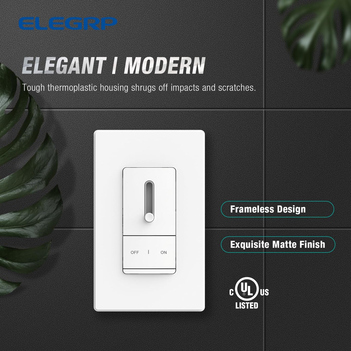 ELEGRP Slide Dimmer Switch for Dimmable LED, CFL and Incandescent Light Lamp Bulbs, Single Pole or 3-Way, Full Control with Preset, Rocker Paddle, Wall Plate Included, UL Listed (2 Pack, Matte White)