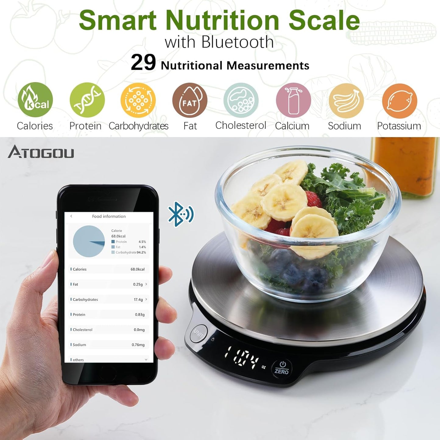 Atogou Smart Nutritional Scale, 0.005oz / 0.1g High Precision, Free APP with Nutrients Tracking, Calorie, Marco, Ounces and Grams, for Kitchen, Weight Loss, Meal Prep, etc. Black & Grey
