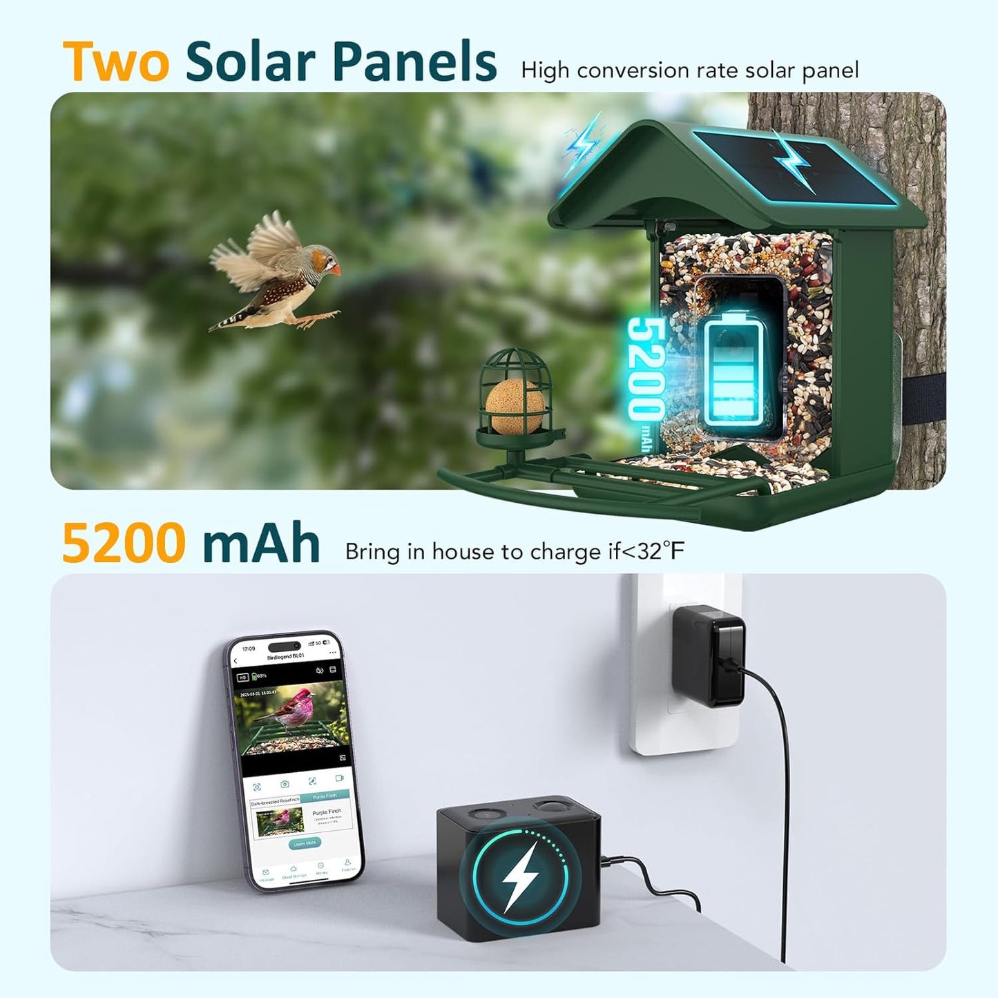 BIRDLEGEND® BL01 Bird Feeder with Camera Solar Powered, Free AI Smart Camera Bird Feeder with 64GB Card DIY Add-ons 1080P Live Auto Capture Videos Pictures, Gifts for Birdlover Mom Dad, 2.4GHz WiFi